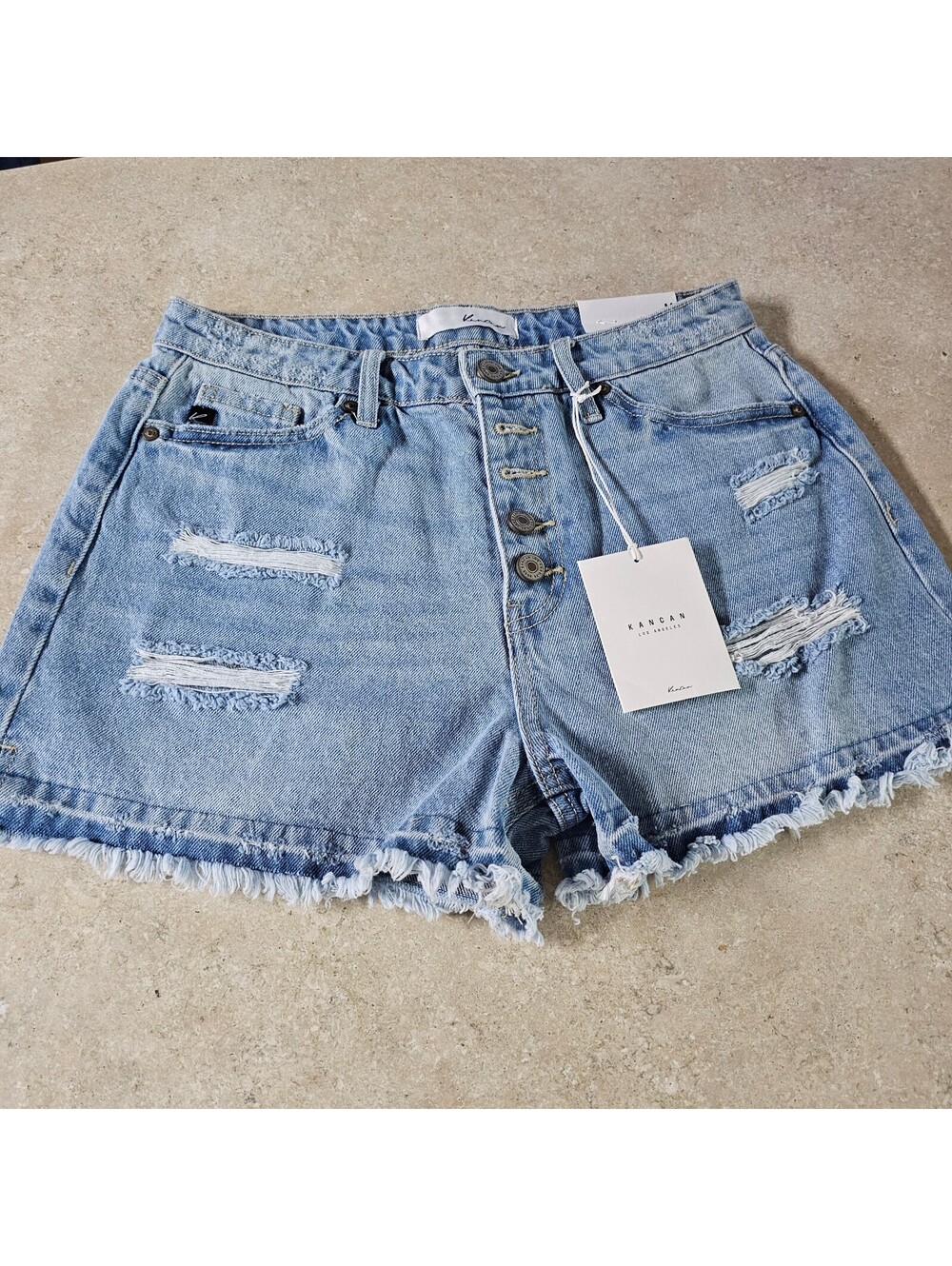 Kancan Light Blue Distressed Denim Shorts with Frayed Hem Size M